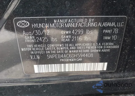 2013 Hyundai Sonata Gls из США, поврежденный, VIN 5NPEB4AC6DH594408